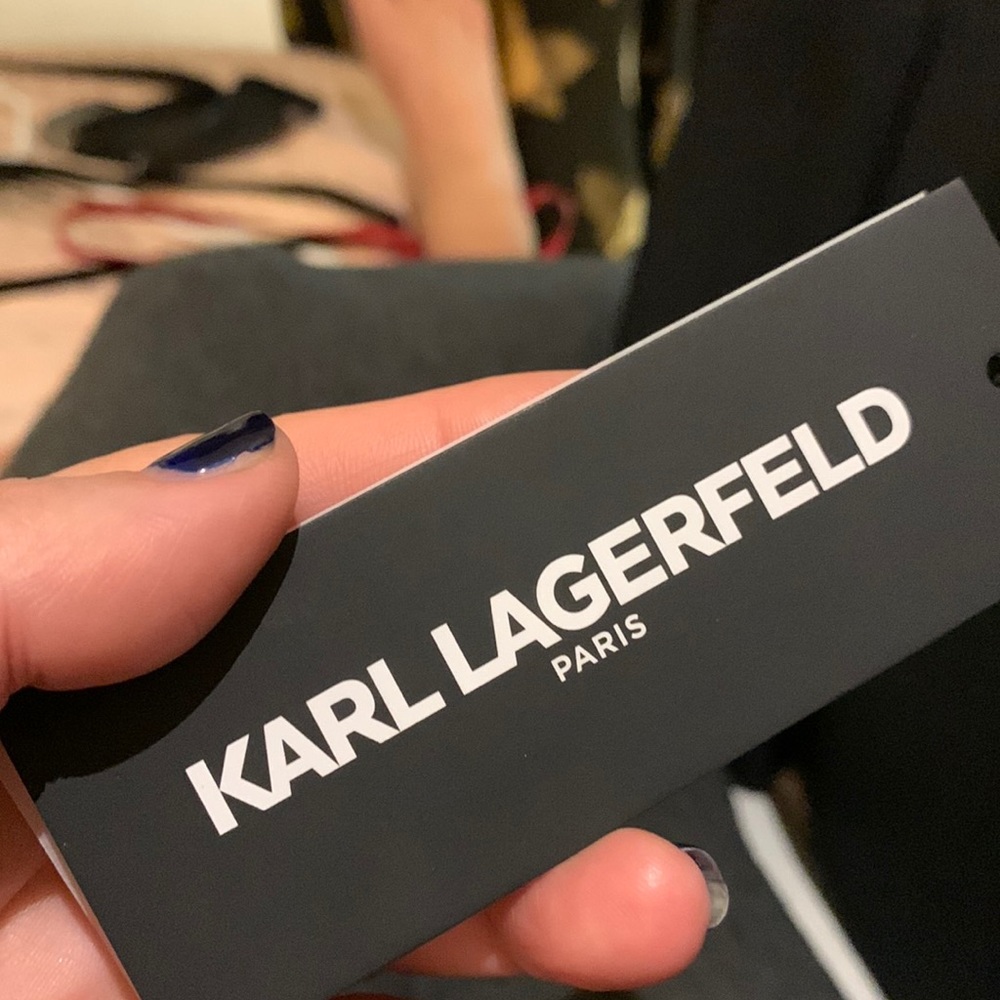 Karl Lagerfield black lined flounce bottom dress w/ cutout sleeve detail NWT 10